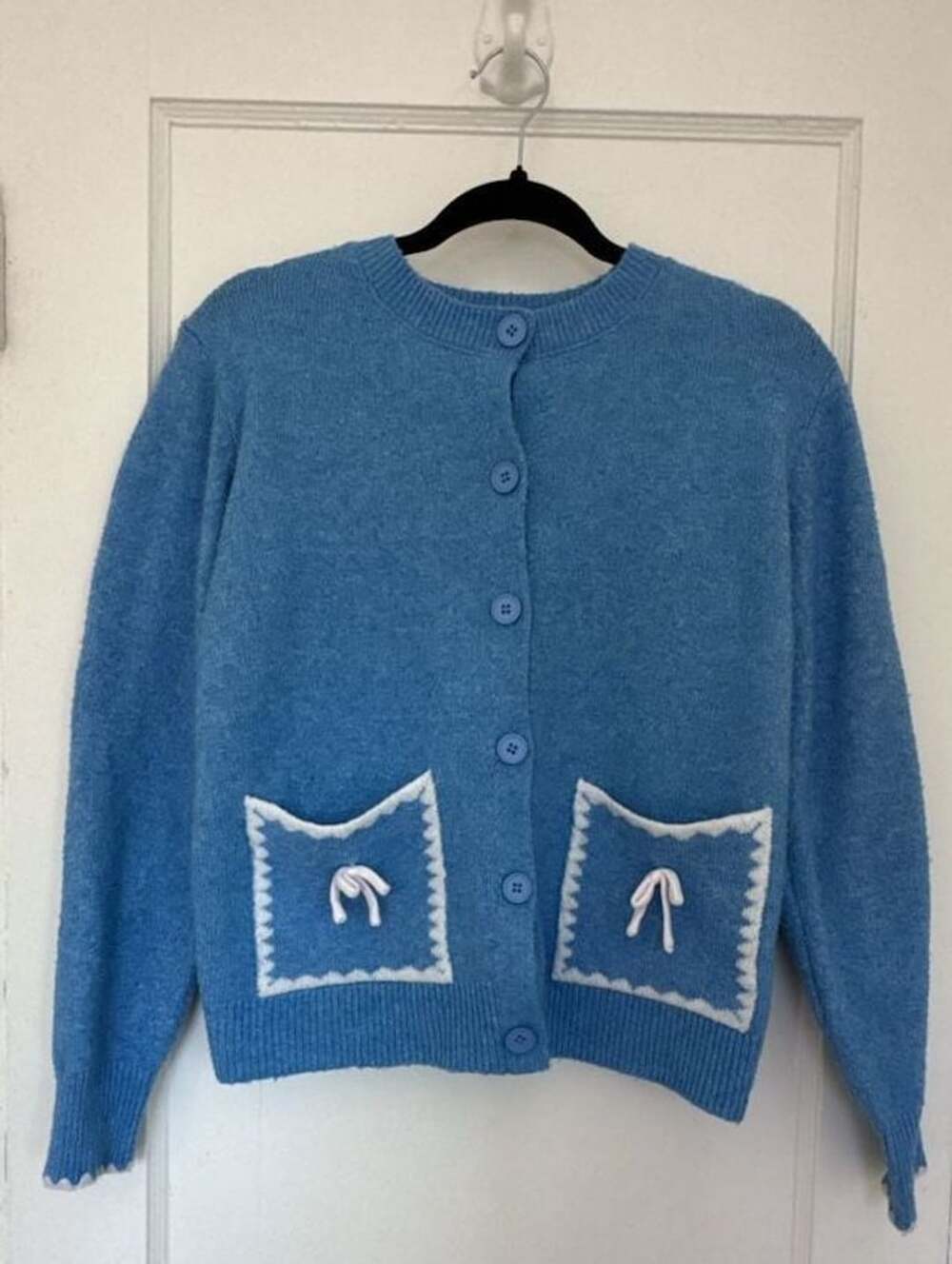 Blue Knit Cardigan Coquette Bow Pockets Scalloped Edges Romantic Cottagecore S